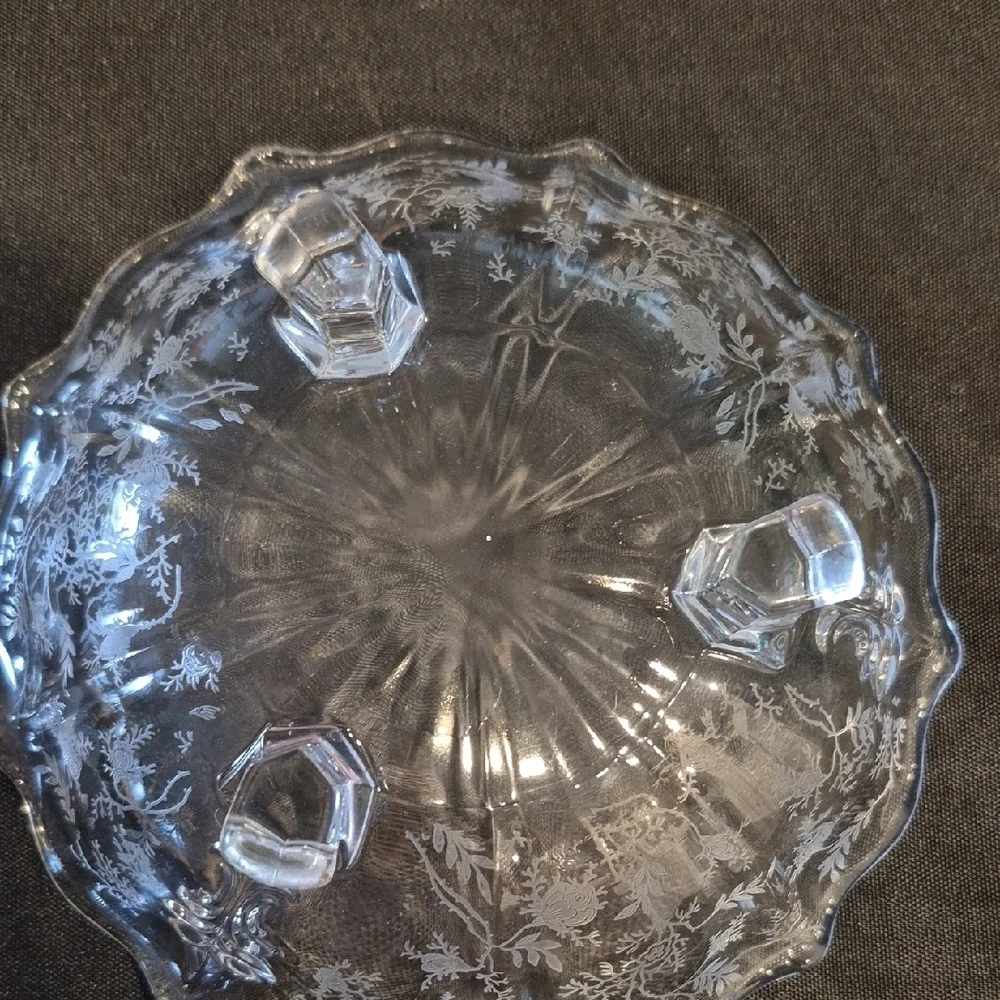 Fostoria Navarre Etched Crystal  Scalloped Edge, Floral Nut Or Candy Bowl